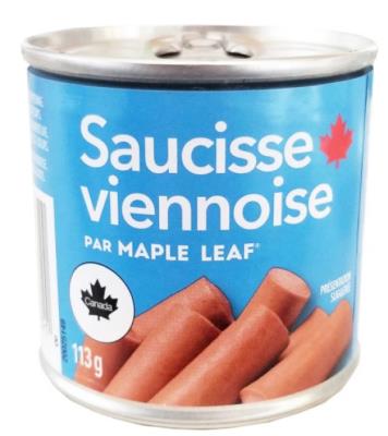 CV280-OU : Maple leaf CV280-OU : Conserves et bocaux - Poisson - Saucisse Viennoise MAPLE LEAF,SAUCISSE VIENNOISE,24 x 113g